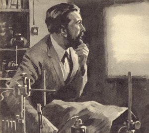 Wilhelm Rontgen pracujący nad promieniami rentgenowskimi autorstwa English School